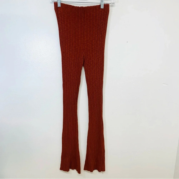 Urban Outfitters Textured Knit Pants Small  High Waist Flare Pull On Rust - Picture 1 of 12